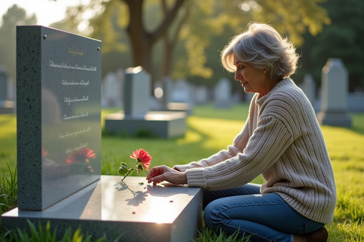 Femme déposant une fleur sur une plaque en plexiglas dans un cimetière