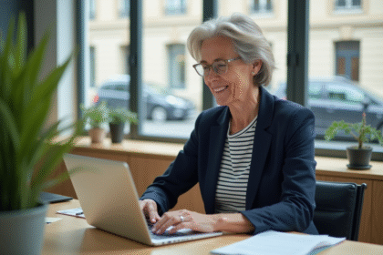 Femme d'une soixantaine souriante au bureau
