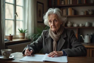 Femme d'âge moyen remplissant un formulaire d'emploi dans sa cuisine