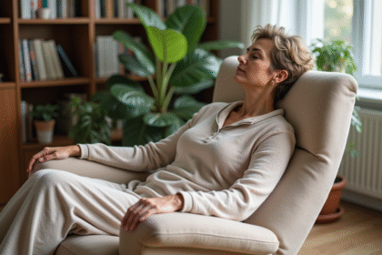 Femme d'âge moyen en détente dans un salon cosy