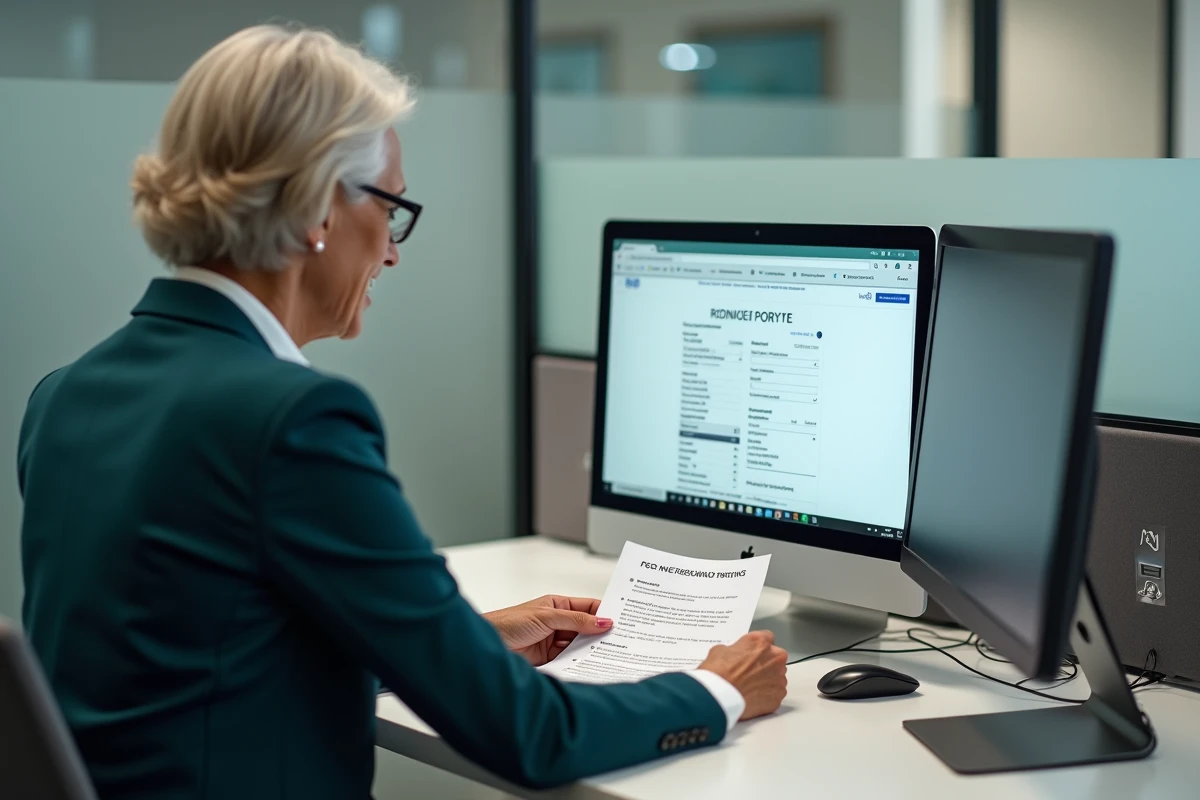 Femme en rendez-vous administratif pour récupérer l'accès à son compte Agirc Arrco après un changement d'adresse avec assistance France Connect