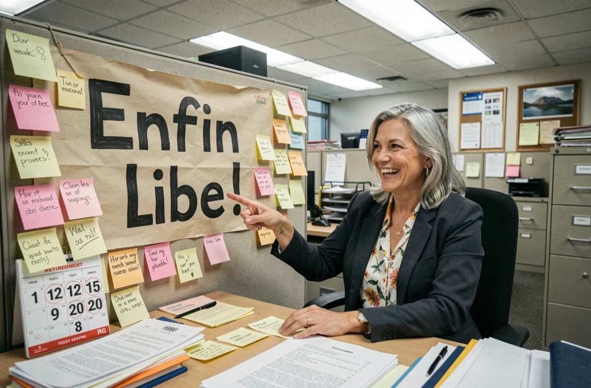 Femme souriante assise à son bureau entourée de notes humoristiques avec une banderole de retraite faite main