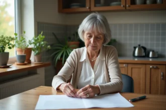Femme retraitée triant ses papiers de pension à la maison