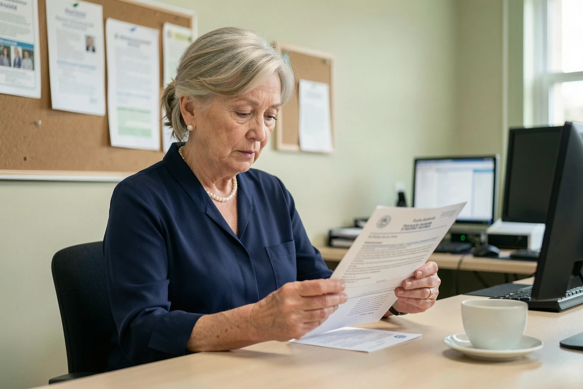 Femme retraitée lisant une brochure d'information sur la revalorisation des pensions de retraite complémentaire
