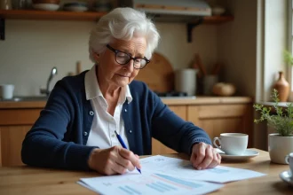 Femme retraitée qui examine ses documents de retraite complémentaire et de base à sa table de cuisine