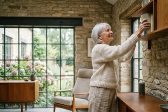 Femme retiree souriante arrangeant des livres dans un salon lumineux