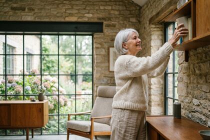 Femme retiree souriante arrangeant des livres dans un salon lumineux