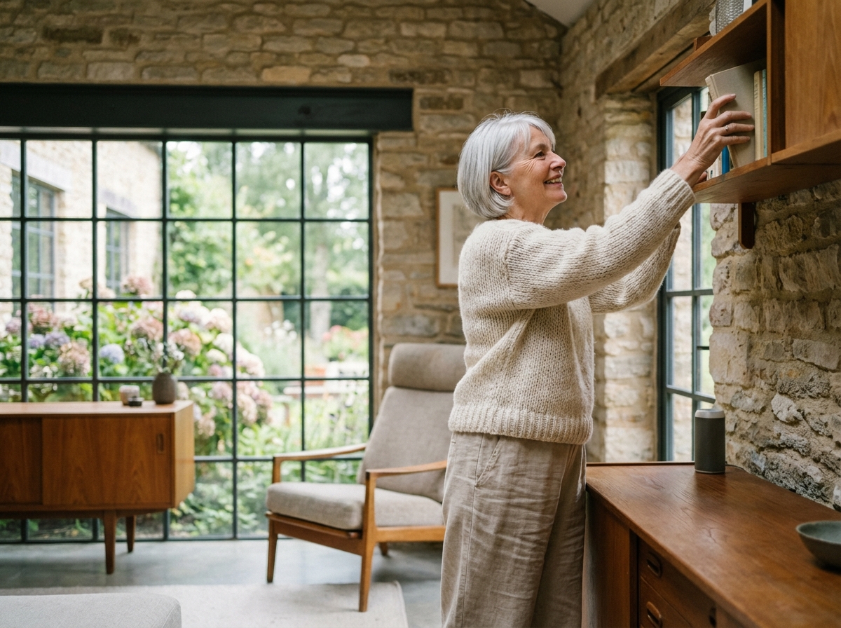 Femme retiree souriante arrangeant des livres dans un salon lumineux