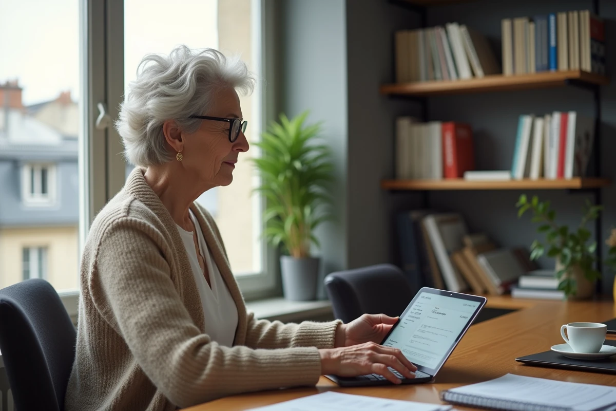 Femme retraitée utilisant une tablette pour ses déclarations fiscales