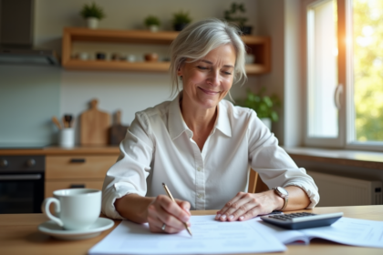 Femme d'âge moyen examinant des papiers de retraite à la maison