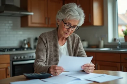 Femme âgée relisant un relevé de pension à la maison