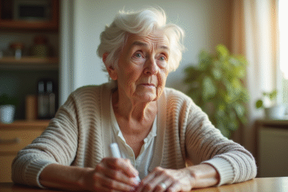 Femme senior tenant un appareil auditif moderne à la maison