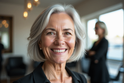 Femme senior souriante dans un salon de coiffure moderne