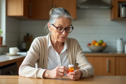 Femme senior de 68 ans lisant l'étiquette d'un complément alimentaire Azinc à la cuisine