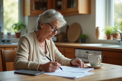 Femme senior de plus de 65 ans consultant ses documents de retraite à la table de cuisine, vérifiant ses droits et avantages retraite