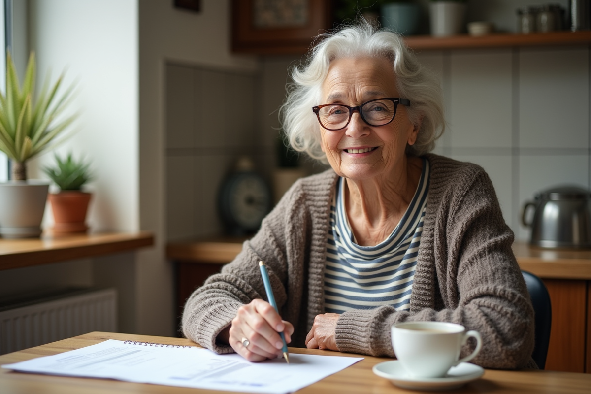 Femme senior souriante avec documents et thé dans la cuisine