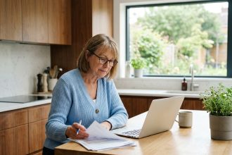 Femme senior lisant des documents dans une cuisine lumineuse