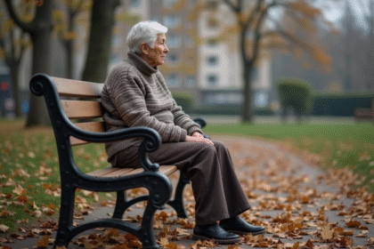 Femme âgée assise sur un banc dans un parc urbain