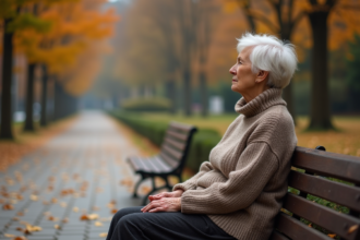 Femme senior en pull dans un parc automnal