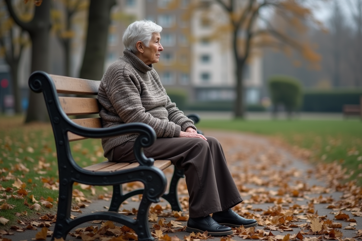 Femme âgée assise sur un banc dans un parc urbain