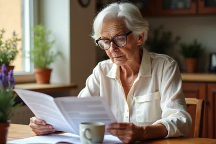 Femme senior consultant des brochures sur les solutions de logement à Nîmes, assise seule à sa table de cuisine en linge.