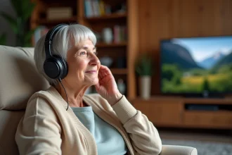 Femme senior réglant le volume de son casque TV dans un salon confortable