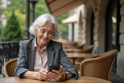 Femme senior élégante utilisant son smartphone en terrasse