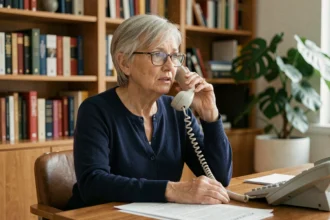 Femme senior téléphonant à la CNAV depuis son bureau à domicile pour obtenir des informations sur sa retraite