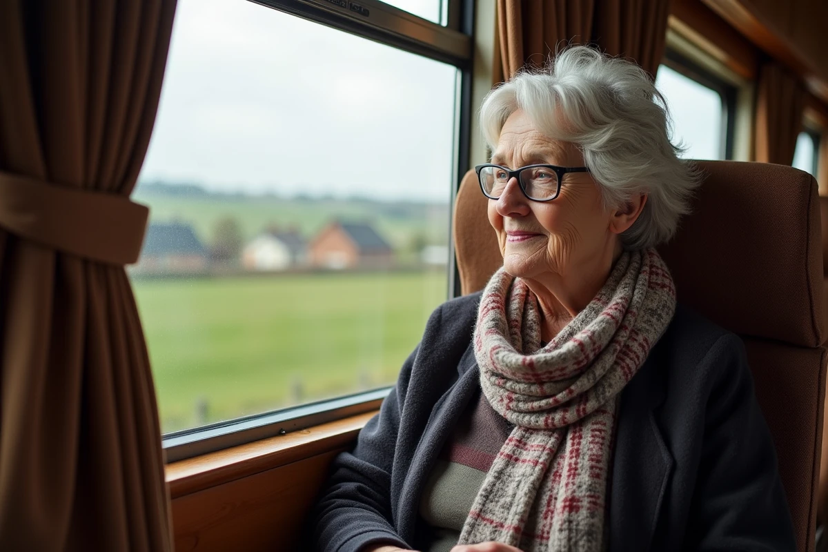 Seniore regardant par la fenetre d’un train avec paysage rural