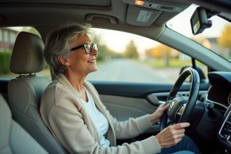 Femme senior sereine au volant d'une voiture moderne, illustrant la conduite après 70 ans et le macaron S