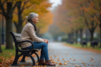 Femme assise seule sur un banc dans un parc automnal