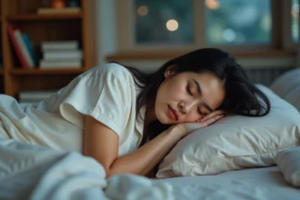 Femme d'âge moyen dormant paisiblement en pyjamas coton