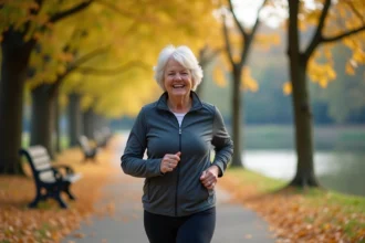 Femme senior souriante en tenue de sport dans un parc automnal