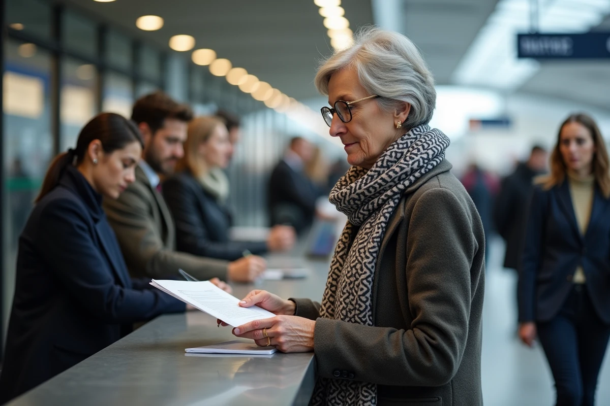Femme mature à la gare avec documents de voyage