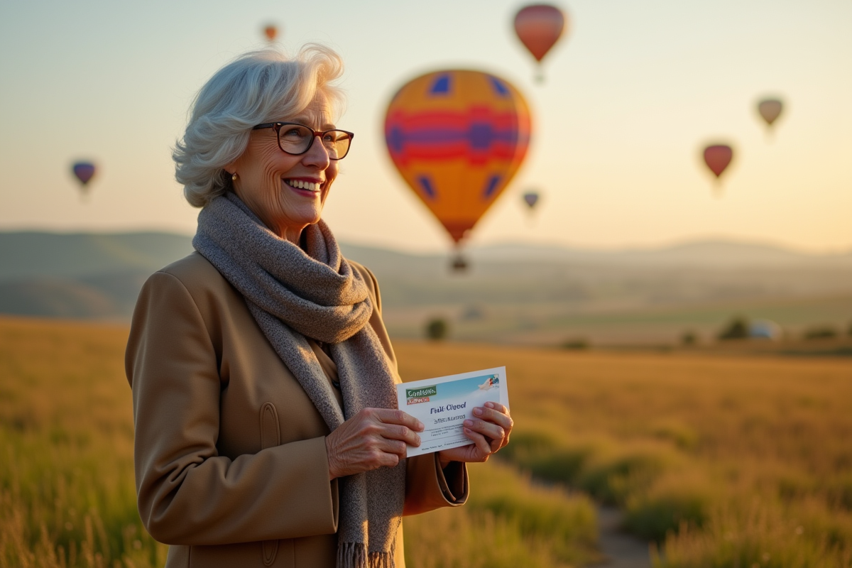 Femme âgée souriante avec ballon dans un champ coloré