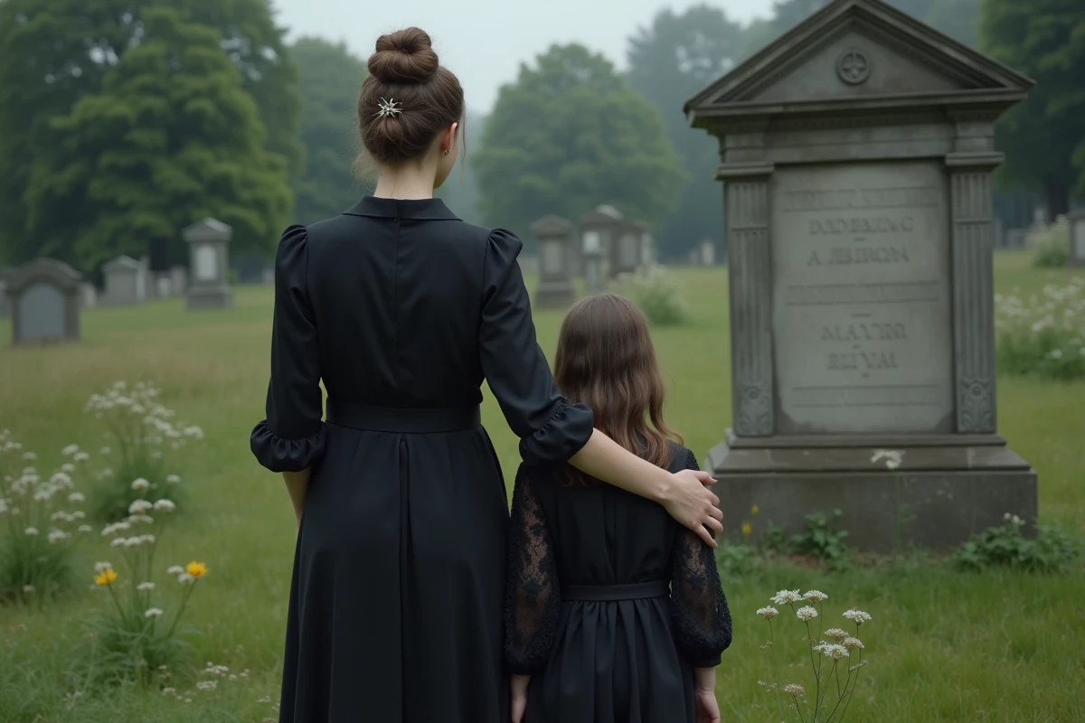 Femme et jeune fille en deuil dans un cimetière calme