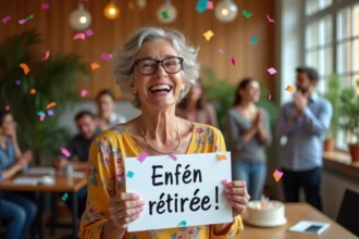 Femme souriante à la retraite tenant une pancarte humoristique entourée de confettis lors d'une fête de départ au bureau