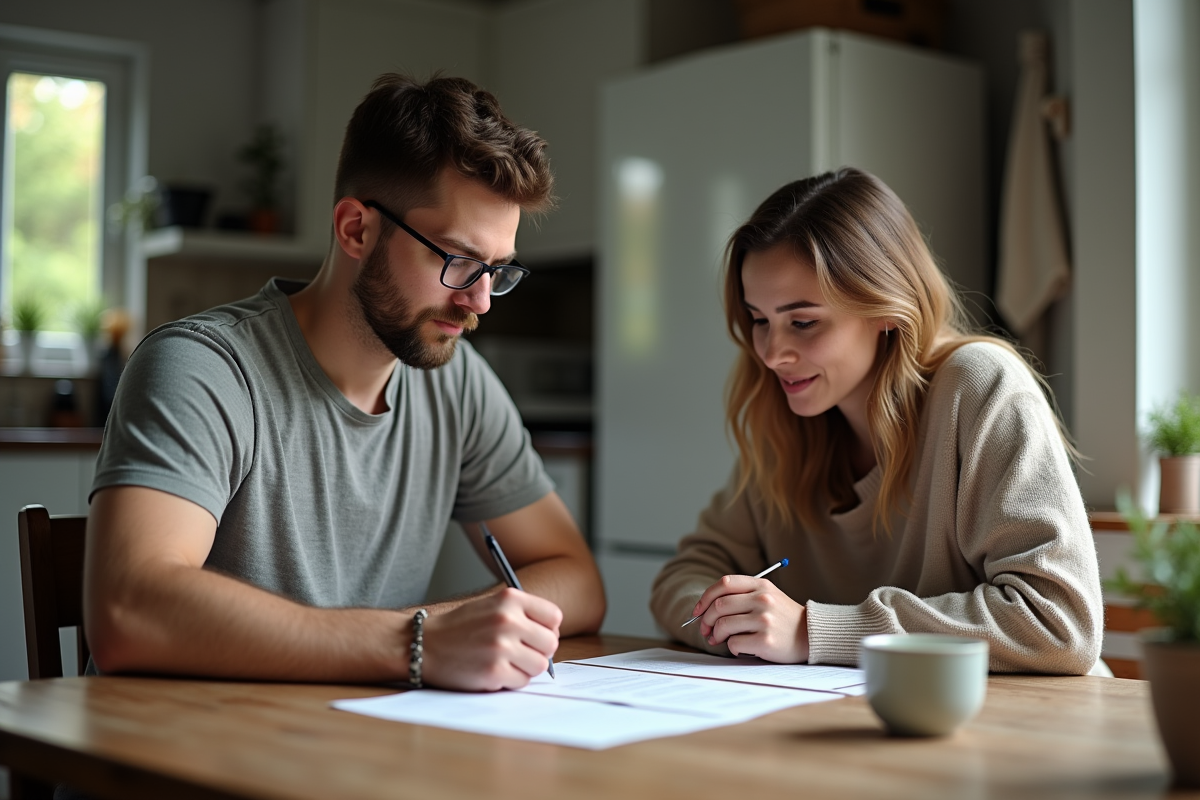 Jeune homme et mère remplissant des formulaires dans la cuisine