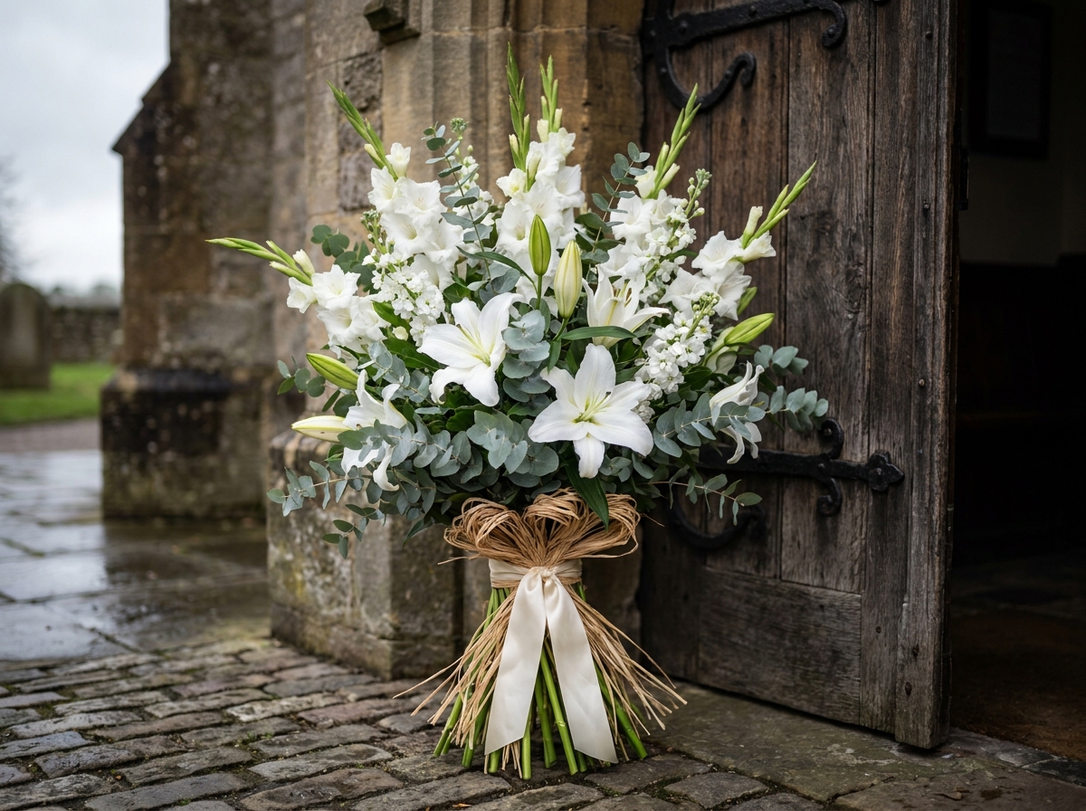 Gerbe funéraire verticale composée de glaïeuls blancs, lys et feuillage d'eucalyptus liée avec du raphia et un ruban satiné, appuyée contre une porte d'église en bois sombre.