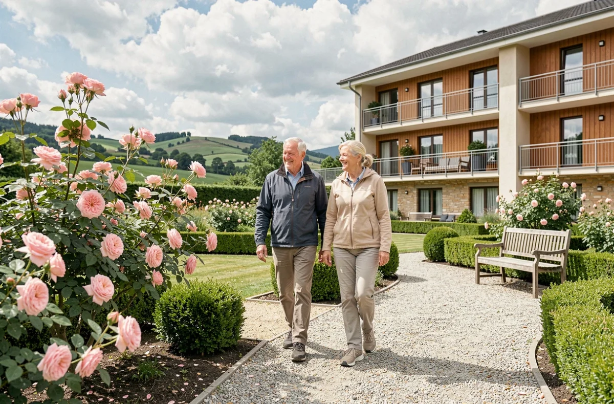 Couple de seniors se promenant dans le jardin fleuri de la résidence Les Girandières de Bourgoin-Jallieu en Nord-Isère