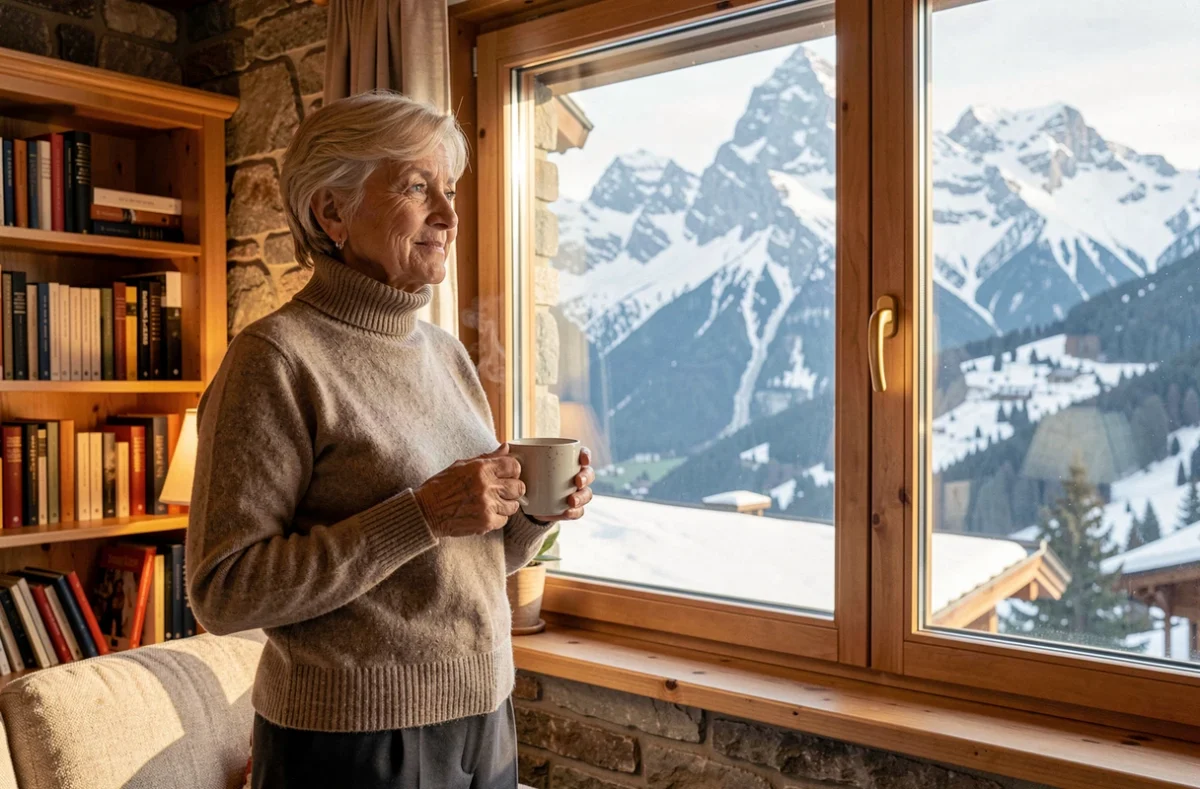 Senior contemplant le paysage alpin depuis la résidence Les Girandières de Chambéry en Savoie, avec une vue sur les massifs enneigés