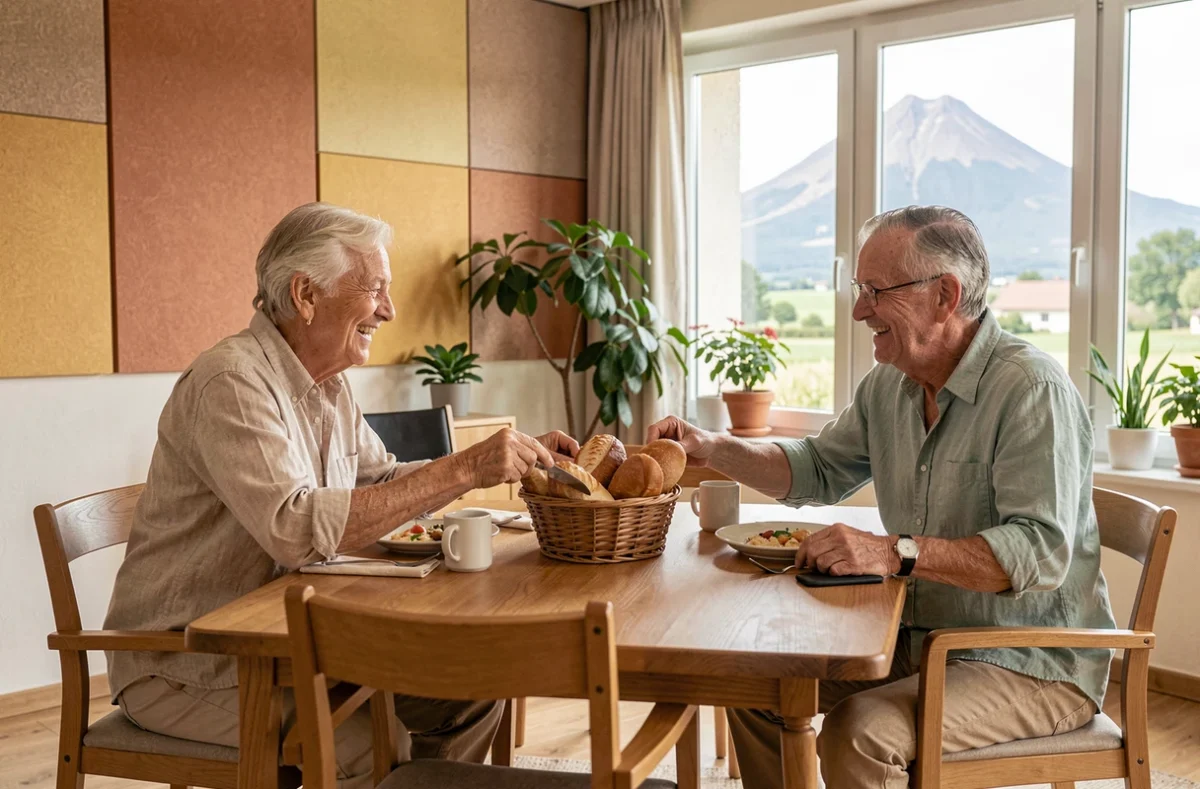 Couple de seniors partageant un repas convivial dans la salle à manger des Girandières de Clermont-Ferrand, avec vue sur le paysage volcanique du Puy-de-Dôme