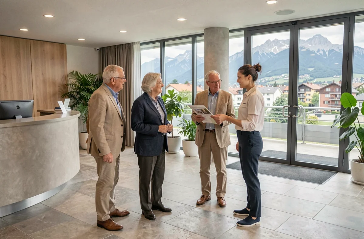 Groupe de seniors accueillis à la réception des Girandières d'Échirolles dans l'agglomération grenobloise, avec vue sur les massifs alpins