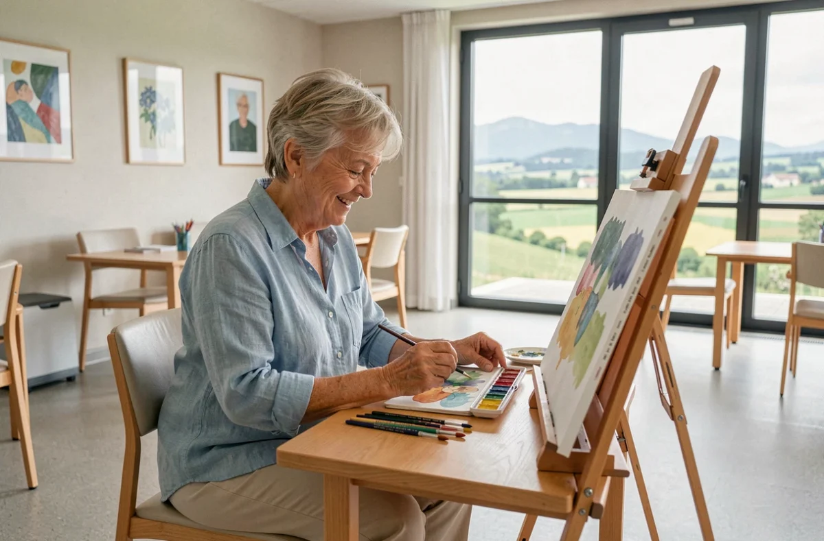 Senior pratiquant l'aquarelle dans la salle d'activités des Girandières de L'Isle-d'Abeau, résidence entre Lyon et Grenoble en Isère
