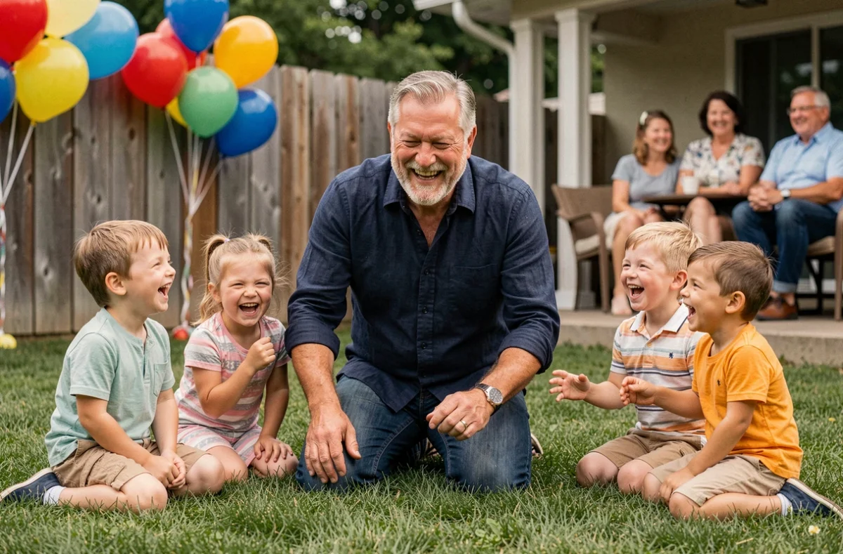 Grand-père de 70 ans jouant avec ses petits-enfants lors d'une animation d'anniversaire en famille dans le jardin