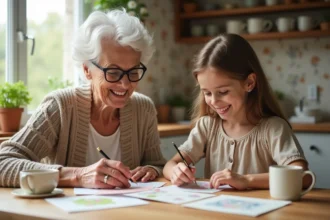 Grand-mère et petite fille créant des cartes dans la cuisine