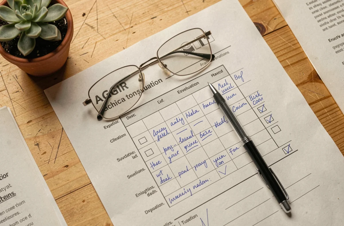Grille AGGIR imprimée avec annotations manuscrites sur un bureau en bois, utilisée pour l'évaluation du GIR