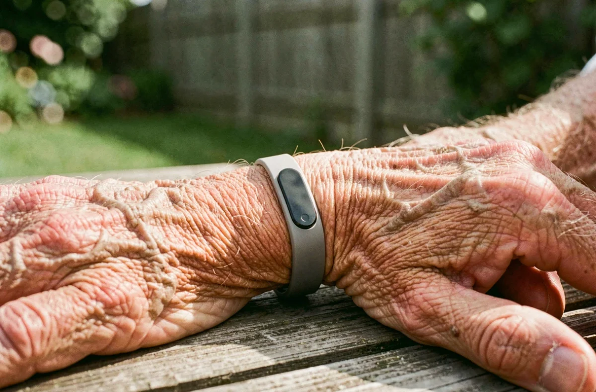 Gros plan d'un bracelet anti-chute sans abonnement porté par une personne âgée au jardin