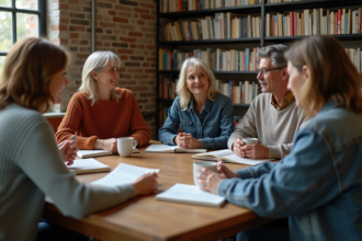 Groupe de personnes lisant dans une bibliothèque chaleureuse