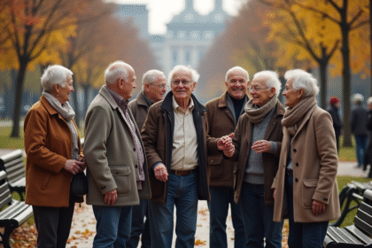 Groupe de seniors dans un parc en automne avec feuilles dorées